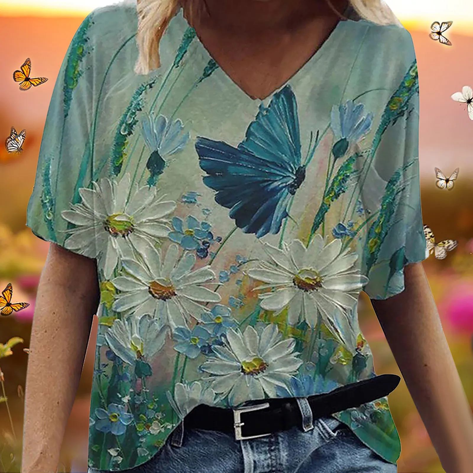 

Fashion Women V-Neck Short Sleeve Butterfly Painting Print Top Blouse T-shirt Basics Ling Sleeve Summer Tees