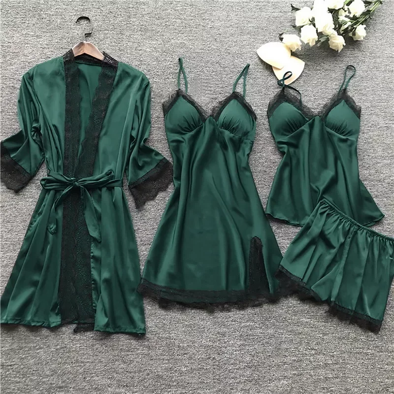 

Pajamas Sets Satin Sleepwear Silk 4-piece Nightwear Ladies Solid Color Strap Lace Sleep Lounge Pajamas with Chest Pads