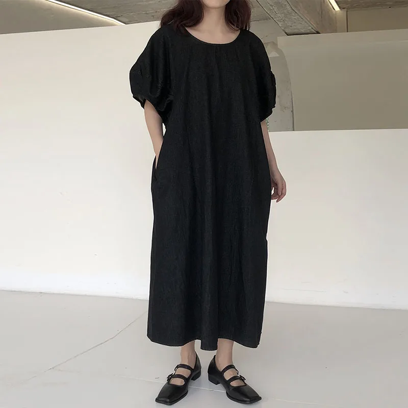 

2022 Summer New Waist Closed Leisure Long Skirt Urban Women Black Bubble Sleeve Versatile Foreign Style Dress