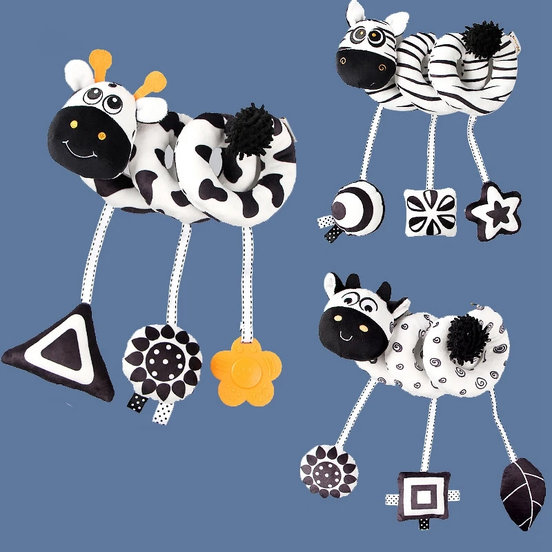 

Black White Baby Rattle Bed Hangbed Around Cartoon Animals Wind Chime Exercise Newborn's Vision And Hearing Toy Baby