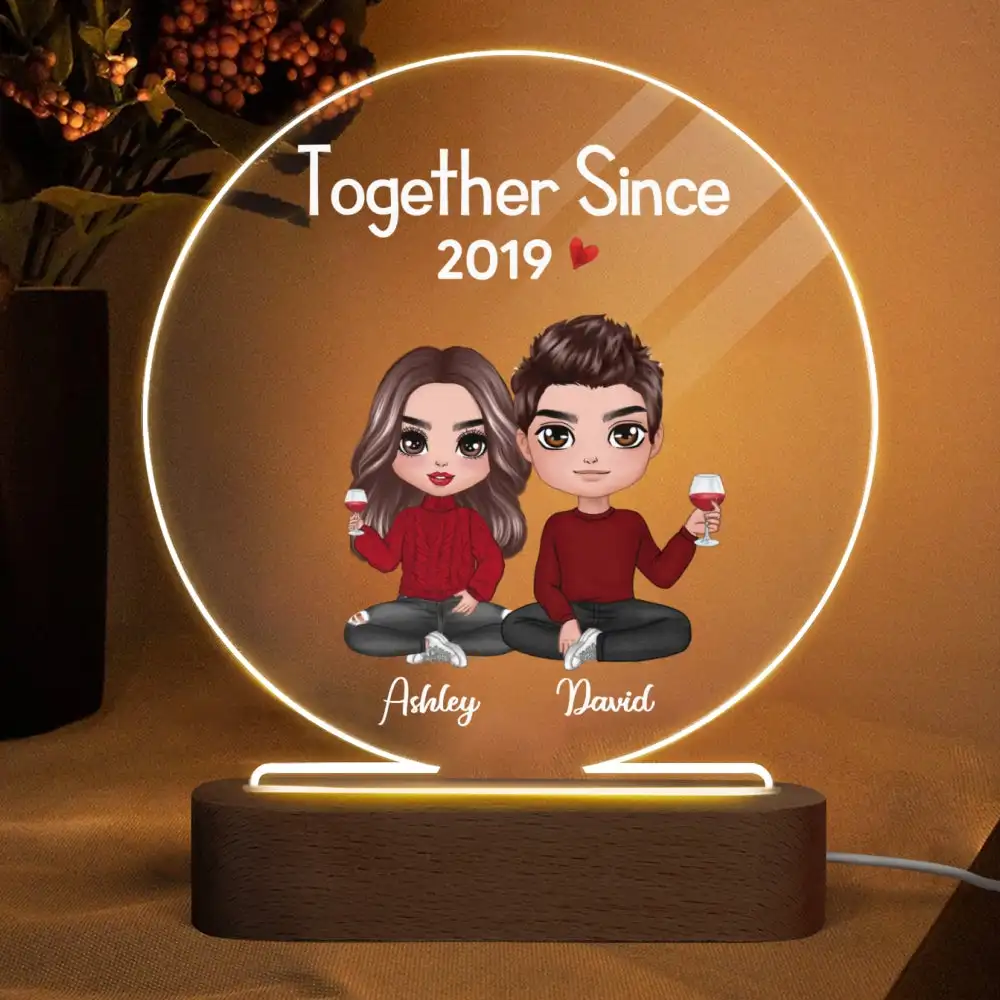 Doll Couple Sitting Valentine Anniversary Gift For Him Gift For Her Personalized Circle Acrylic Plaque LED Lamp Night Light