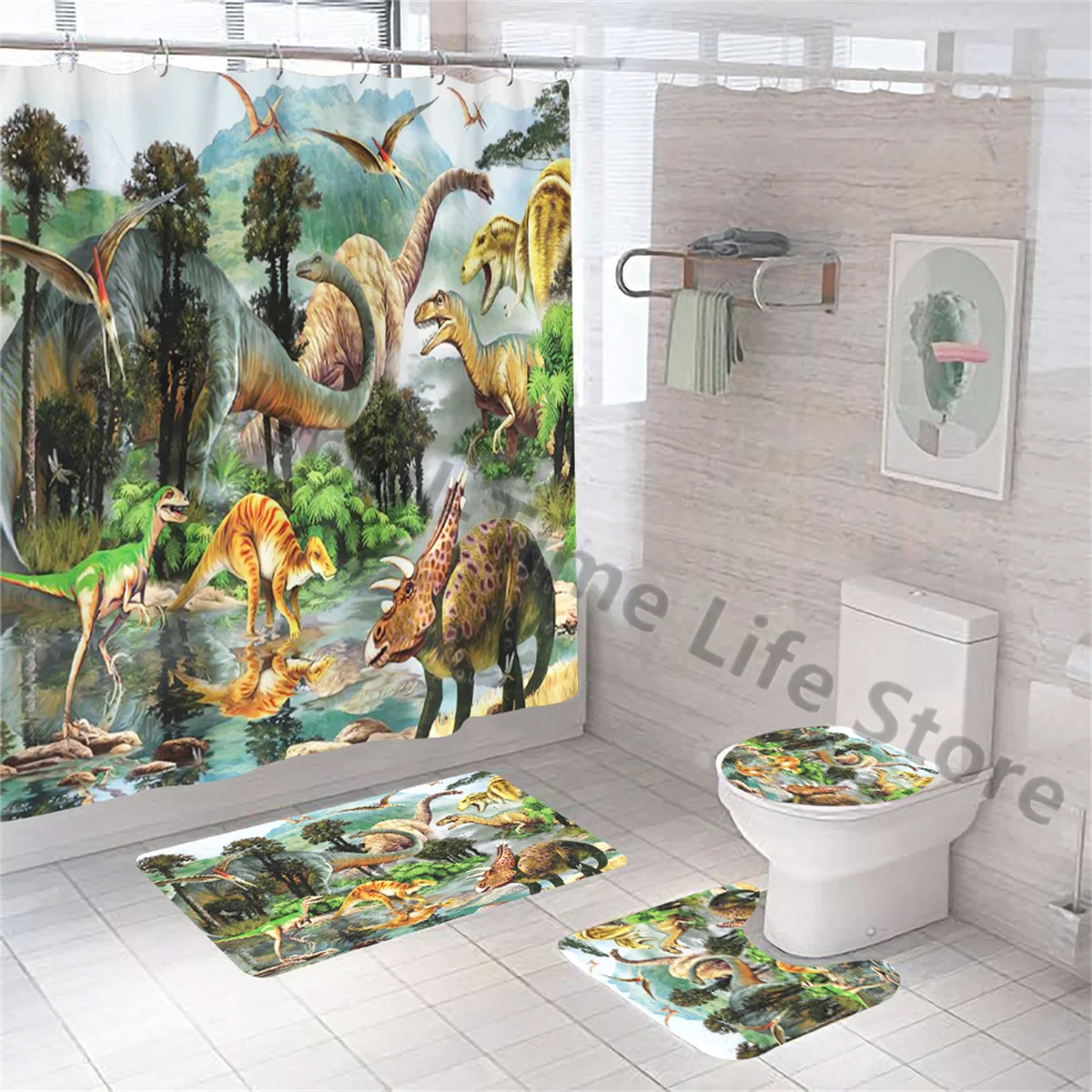 

Занавеска для душа в виде животного Юрского периода, художественный 3d-принт в виде единорога, декор для ванной комнаты с крючком, зеленое ра...