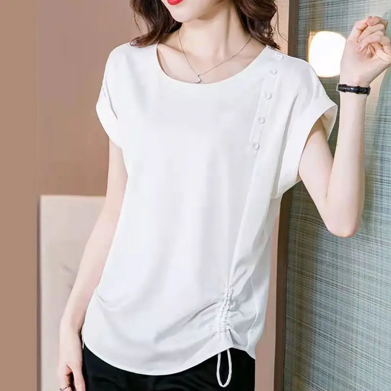

Fashion O-Neck Spliced Loose Bandage Shirring Satin Blouse Women's Clothing 2023 Summer New Casual Pullovers Asymmetrical Shirt