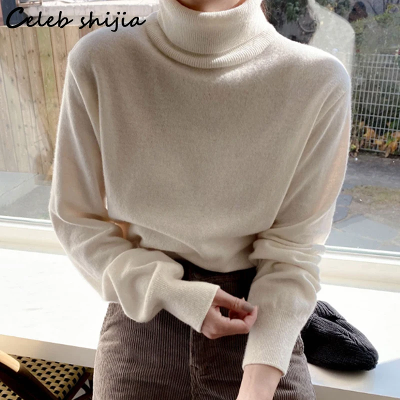 

Chic Cashmere Tops Women Turtleneck 2022 Spring Long-sleeve Apricot Solid Elegant Pullover Office Lady Harajuku Sweater Women
