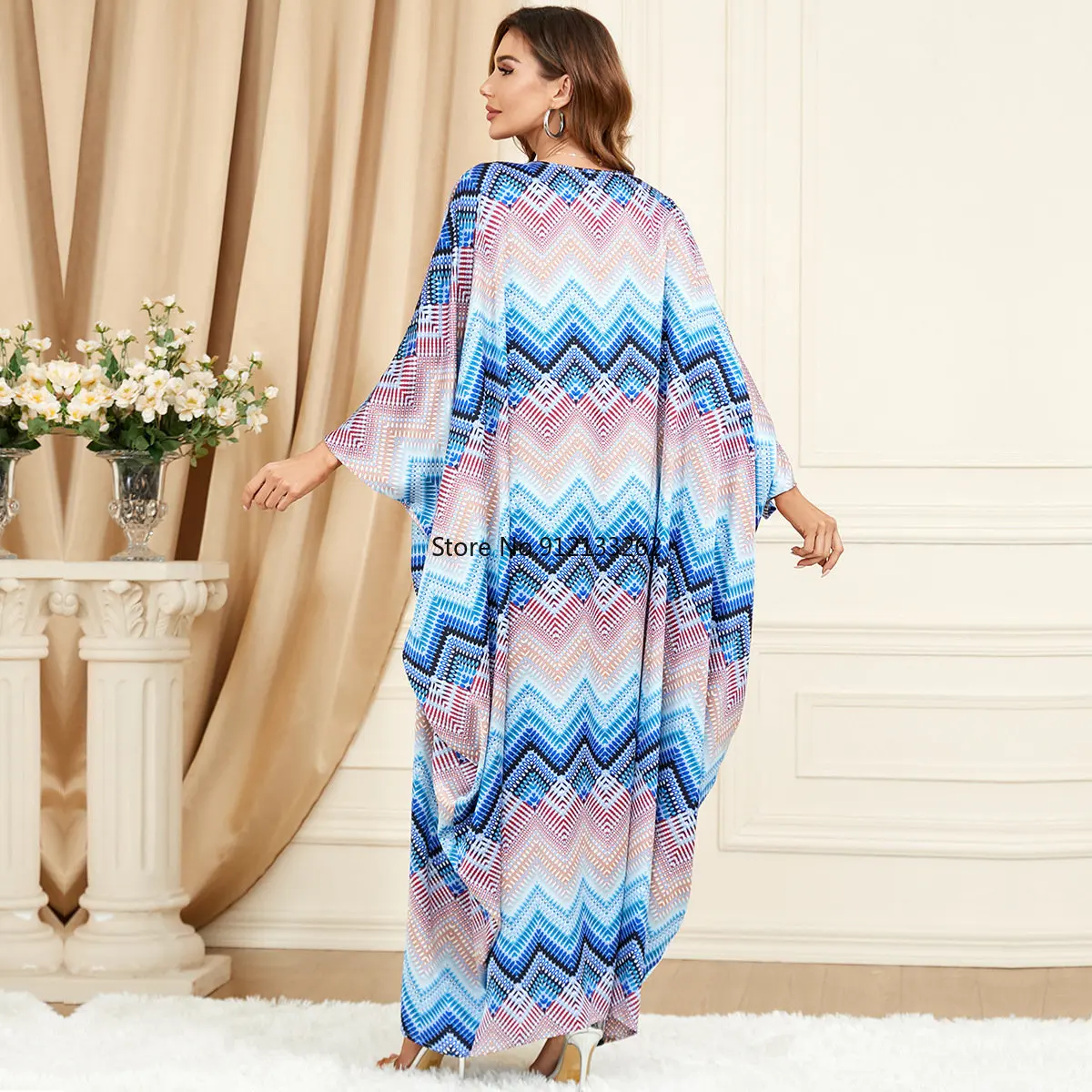 Maxi Dresses for Women 2023 Summer Fashion Style Blue Muslim Women Long Sleeve O-neck Polyester Long Abaya Muslim Dresses