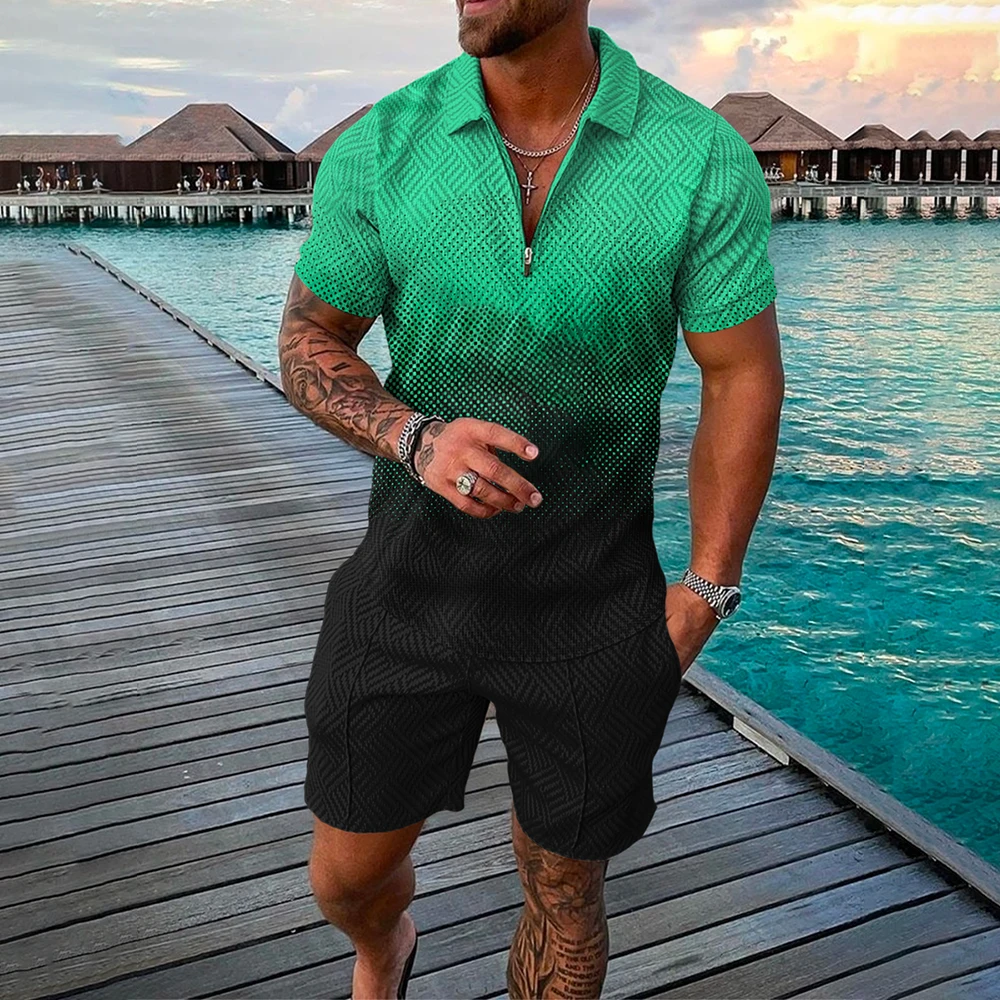 Summer Short sleeved Polo Shirt Beach Shorts 2 Piece Sets Tracksuit Men's Oversized 3D Printed Casual Sports Suit