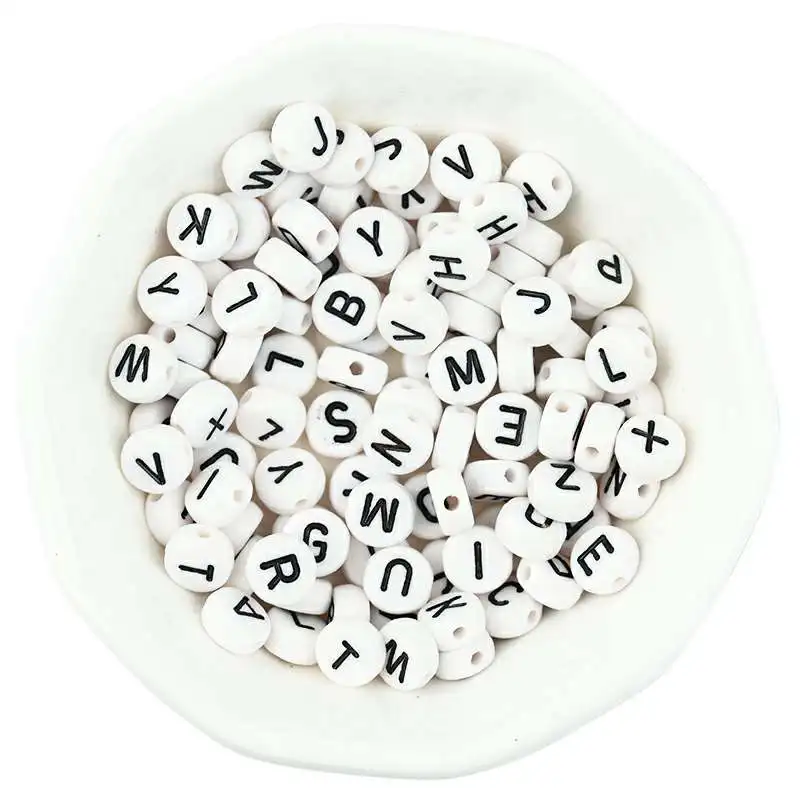 7mm White Letter Acrylic Beads Circular Flat Spacer for Handmade Jewelry Decoration Making Diy Bracelet Necklace Material