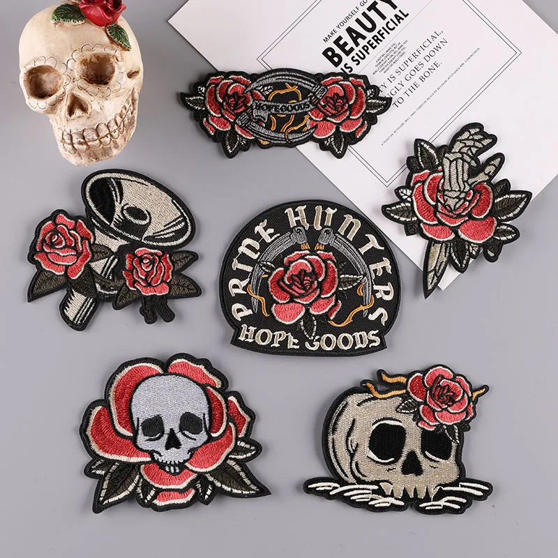 

Alternative Clothing Punk Rose Skull Badge Embroidery Patch Clothes Applique Jacket DIY Iron Patch Clothes Iron on Patch