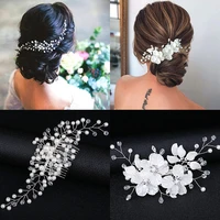 bridal wedding crystal bride hair accessories pearl flower headband handmade hairband beads decoration hair comb for women