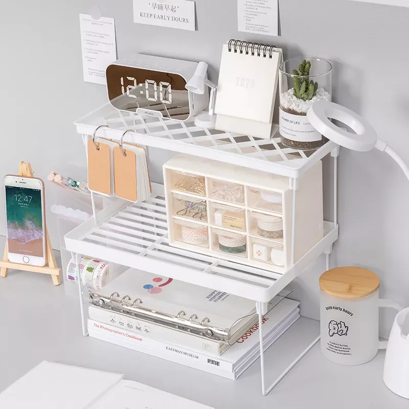 

Desk Organizer Shelf Office School Supplies Iron Layered Rack Dormitory Home Desktop Cosmetic Storage Foldable Stand