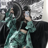2021 new women chinese dragon style shirts short pants set loose shirts women casual shorts clothes sets female 2 piece set