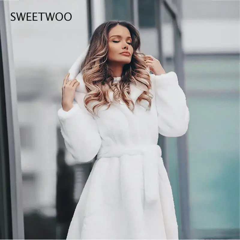 New Womens White Faux Rex Rabbit Fur Long Winter Hooded Coat for Female Fashion Luxury Faux Fur Jacket Contracted Slim Tide 2022
