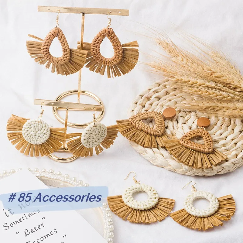 

Bohemian Style Brown Color Raffia Rattan Knit Ladies' Drop Earrings For Beach Vocation ZN00070