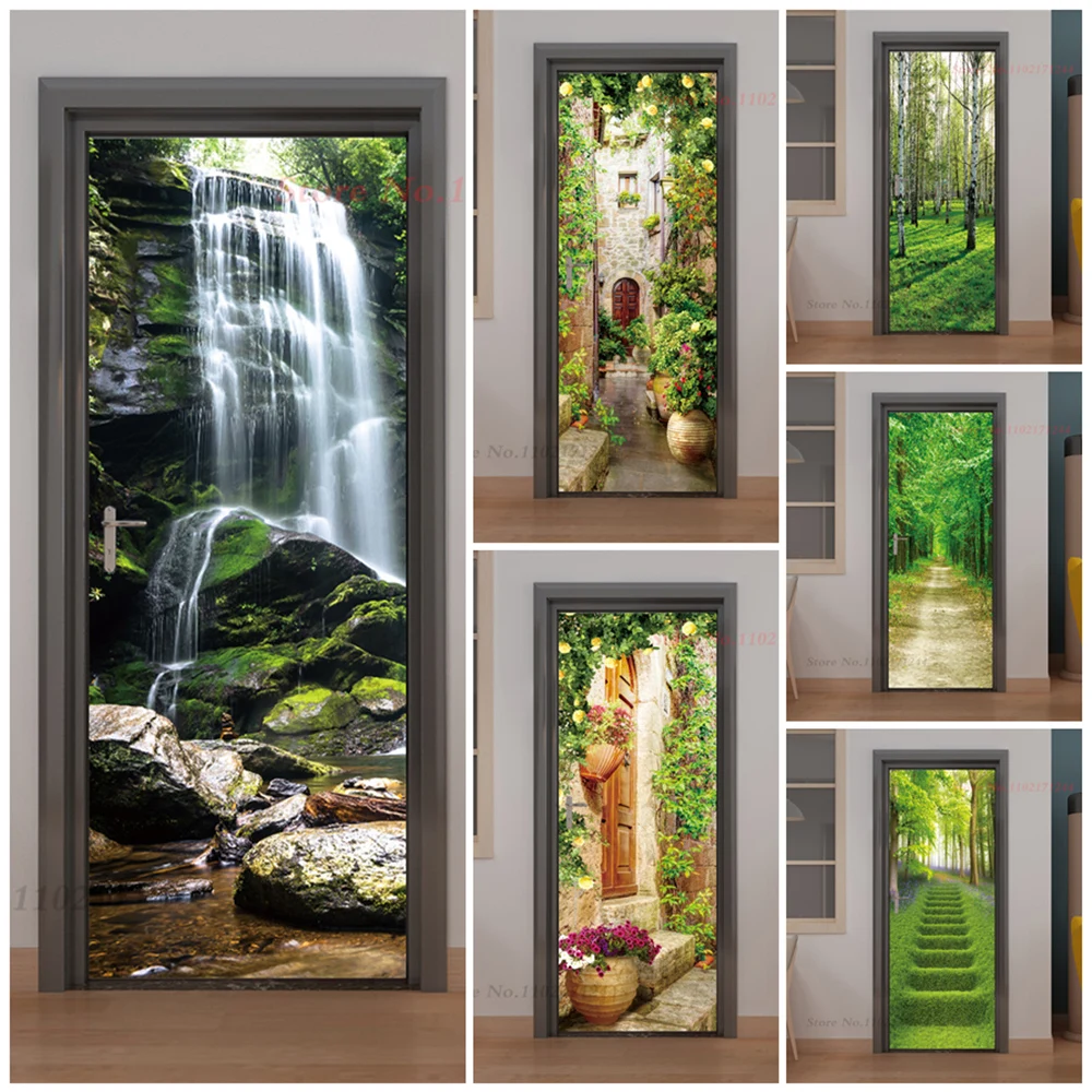 Декоративная наклейка Водопад декоративный стикер с зеленым пейзажем для дверей