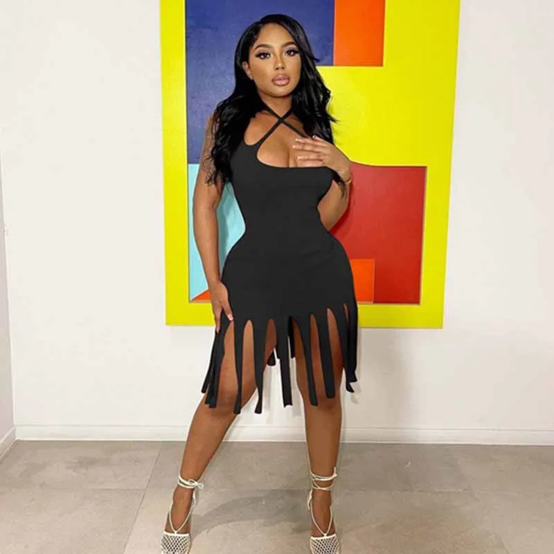 

Tassel Backless Summer Dresses for Women Clothes Halter Bandage Midi Dress Beach Holiday Casual Solid Bodycon Dress Vestidos