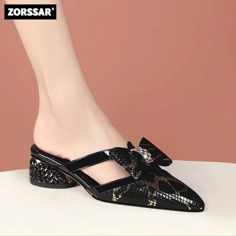 

2023 New Women Sandals Summer Fashion Bow tie Ladies Slides Pointed toe Low Heel Mules Shoes Cow leather Outdoors women Slippers