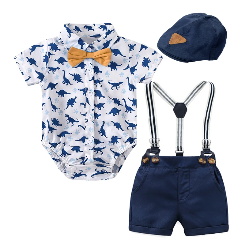 

Летняя одежда для маленьких мальчиков с принтом динозавра, костюм с красивой шляпой и бантом для малышей, детский Модный комплект с короткими рукавами для новорожденных, комбинезон