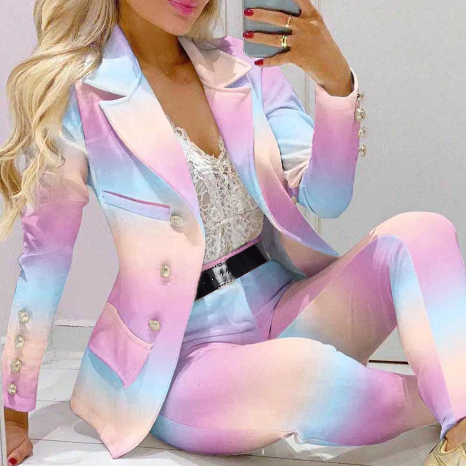 

2022 New Women's Suit Casual Printed Two Piece Party Wear Clothing Set Business Office Long Sleeve Suit Jacket And Long Trouser