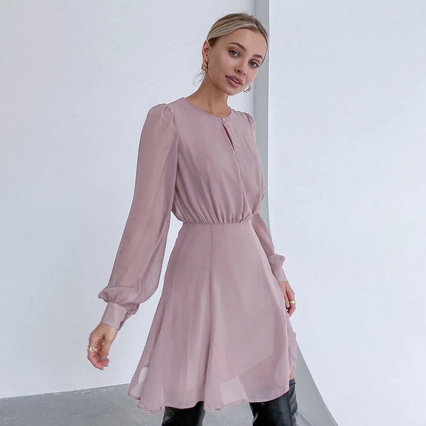 

Dress O-neck Collar Pullover Above Knee Length Full Sleeve Solid Fashion Modern Beautiful Comfortable Soft Summer Famale