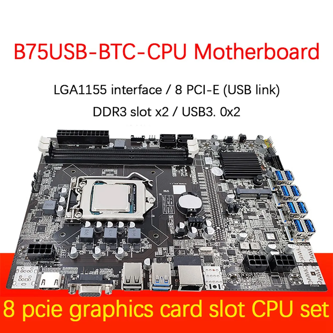 

Материнская плата B75 для майнинга, 8 карт, ЦП, вентилятор охлаждения, Набор отверток, 8 шт., USB 3,0 (PCIE), быстрая работа, LGA1155, DDR3, MSATA, ETH, Майнер