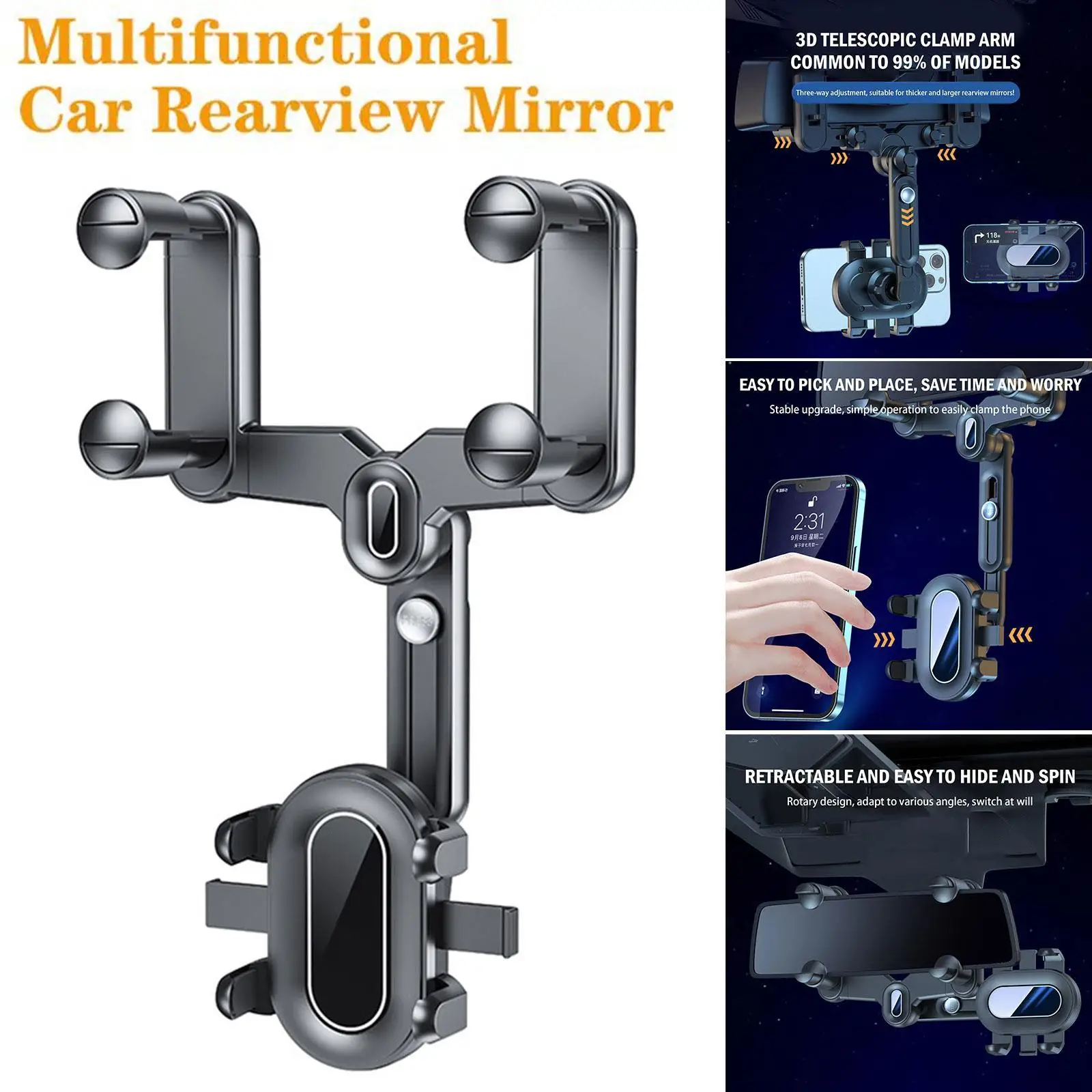 

Universal 360° Rotatable Retractable Car Phone Holder Rearview Mirror Driving Recorder Bracket DVR/GPS Mobile Phone Support