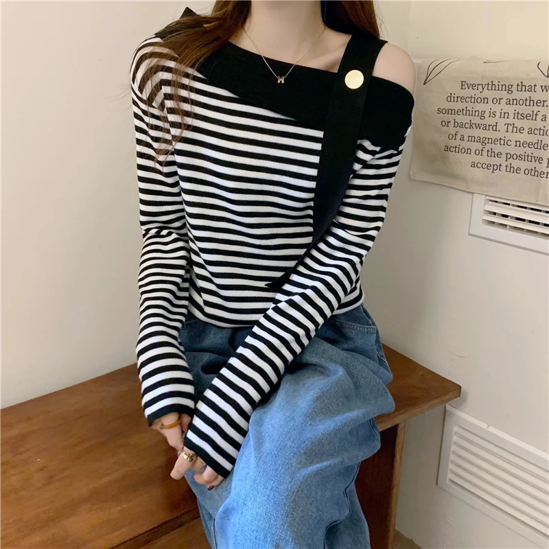 MiiiiX корейский полосатый вязаный свитер с открытыми плечами и диагональным