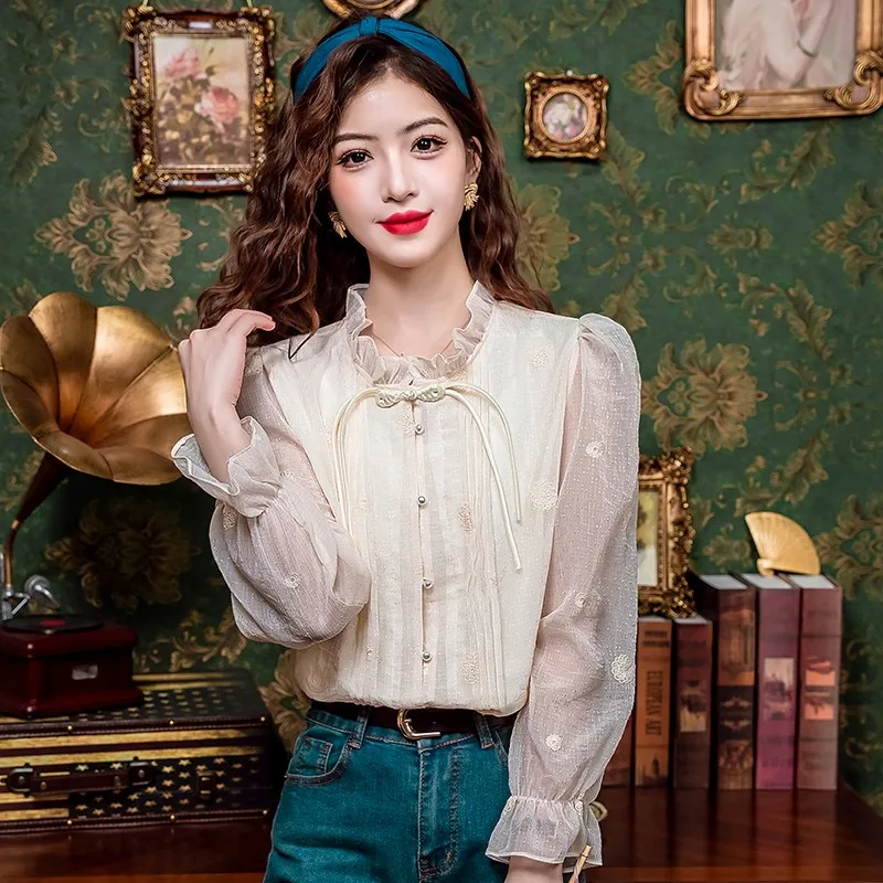 Женская блузка с длинным рукавом элегантная рубашка вышивкой в винтажном стиле