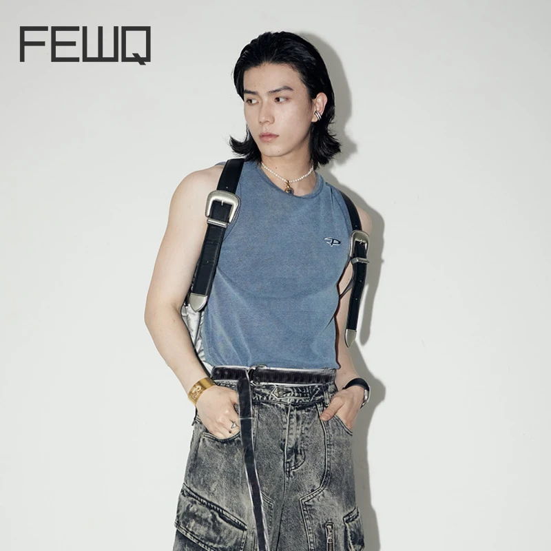 

FEWQ Embroidered Men's Vests Solid Color Knitted Tanks Tops Sleeveless T-shirts Male Casual Summer Solid Color Chic New 24B2698