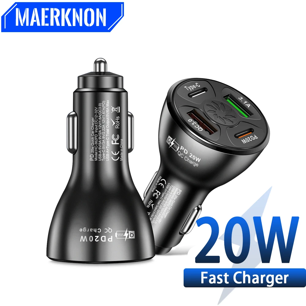 

Автомобильное зарядное устройство с USB-портом, 20 Вт, Тип C, быстрая зарядка, адаптер питания 3,0, быстрая зарядка для iPhone, Huawei, Xiaomi, Samsung, автомобильное зарядное устройство для телефона