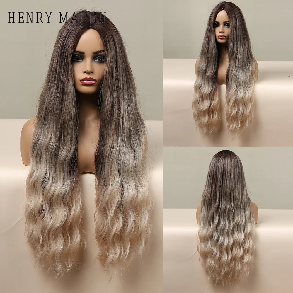 HENRY MARGU Long Curly Wig for Women Afro Ombre Brown Blonde Ash Middle Part Synthetic Wig Cosplay Party Heat Resistant Fake Hai
