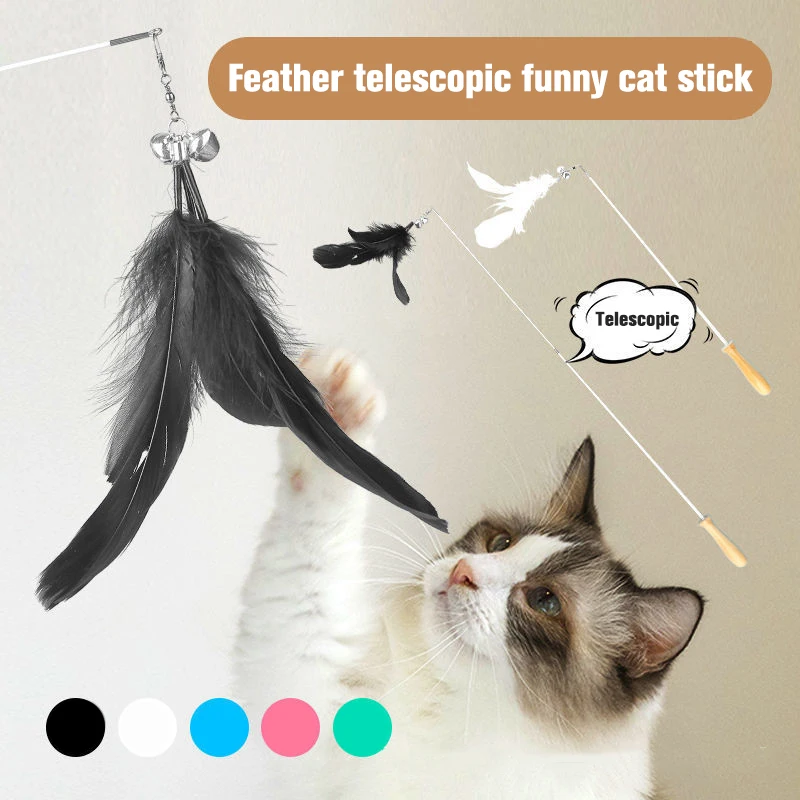 

Cat Solid Wood Feather Teaser Wands Interactive Retractable Fishing Pole Wand