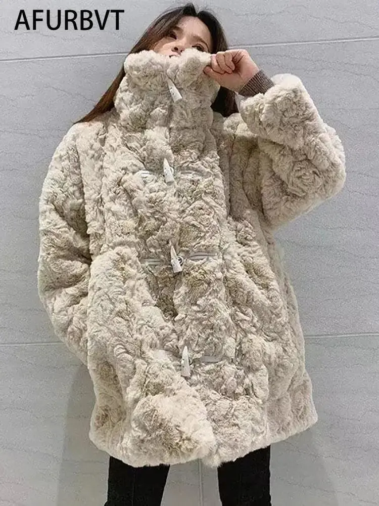 

Fashion Lamb Wool Coats Women Streetwear O-Neck Horn Button Faux Fur Jackets Woman 2022 Autumn Winter Thick Warm Plush Coat