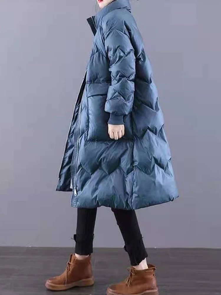 Autumn Winter Women Stand Collar Thick Warm Long White Duck Down Parka Casual Female Zipper Pocket Down Coat Outwear