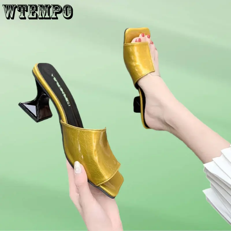 WTEMPO Women Strange Heels Shoes Patchwork Femmes Clear Sandales Square Open Toe Platform High Heels Slippers Wholesale