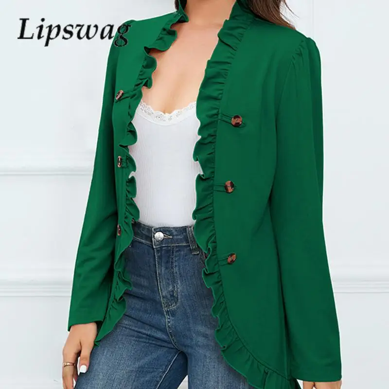 

Повседневный однотонный свободный блейзер с длинным рукавом, Женский французский кардиган с оборками, куртка на осень и зиму, элегантное пальто, верхняя одежда