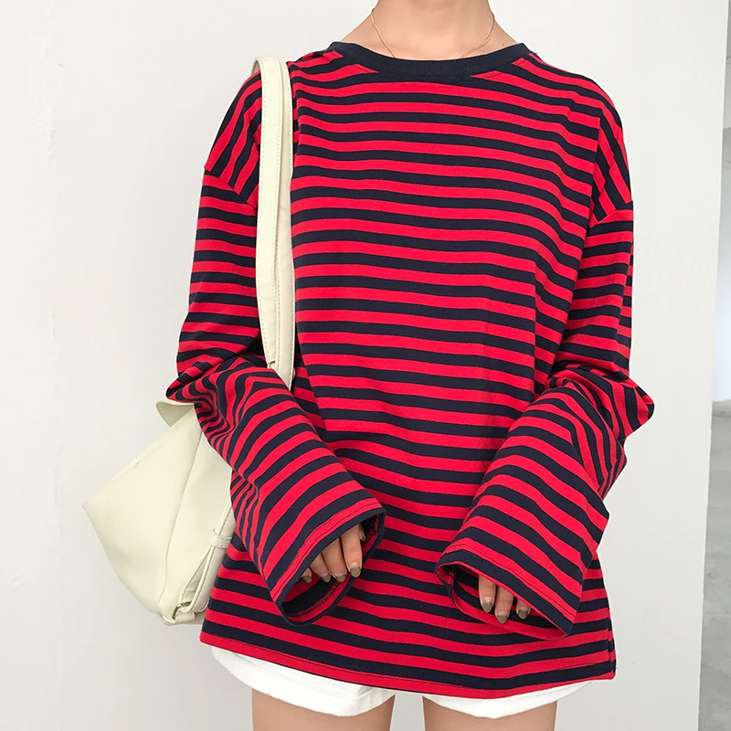 

2022 New Vintage Fashion Basic Loose Casual Striped All Match Simple Long Sleeve Female T-shirts