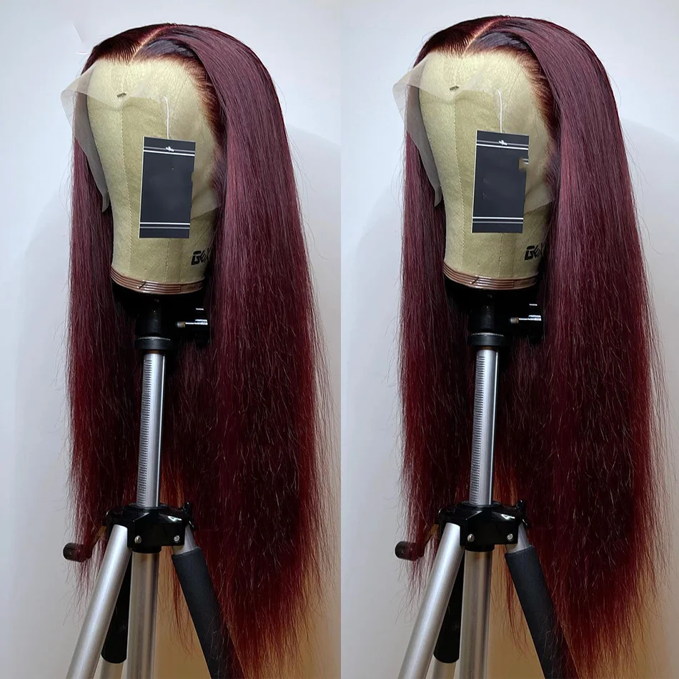 

Soft 180%Density 26Inch Burgundy Silky Straight 99j Glueless Lace Front Wig For Women Long Natural Hairline Preplucked Babyhair