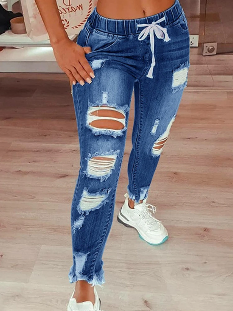 Fashion Casual Slim Waist Lace-up Holes In Spring and Summer Pencil Pants with Small Feet  Jeans for Women Oversize  Ripped