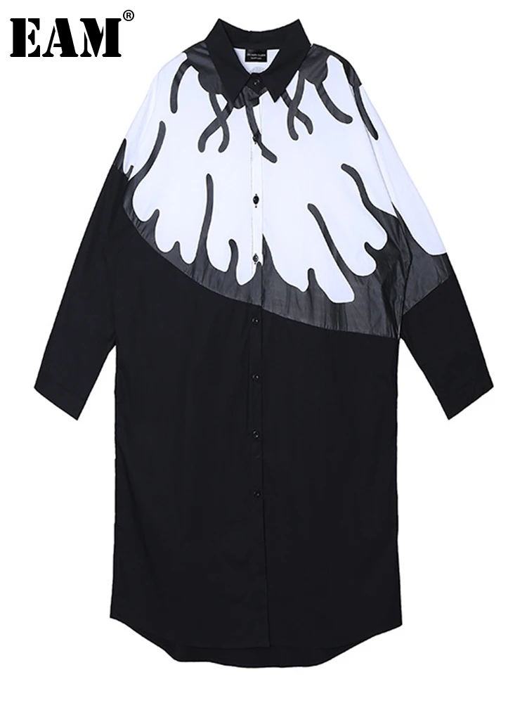 

[EAM] Women Black Pattern Printed Big Size Shirt Dress New Lapel Long Sleeve Loose Fit Fashion Tide Spring Autumn 2022 1DE6924