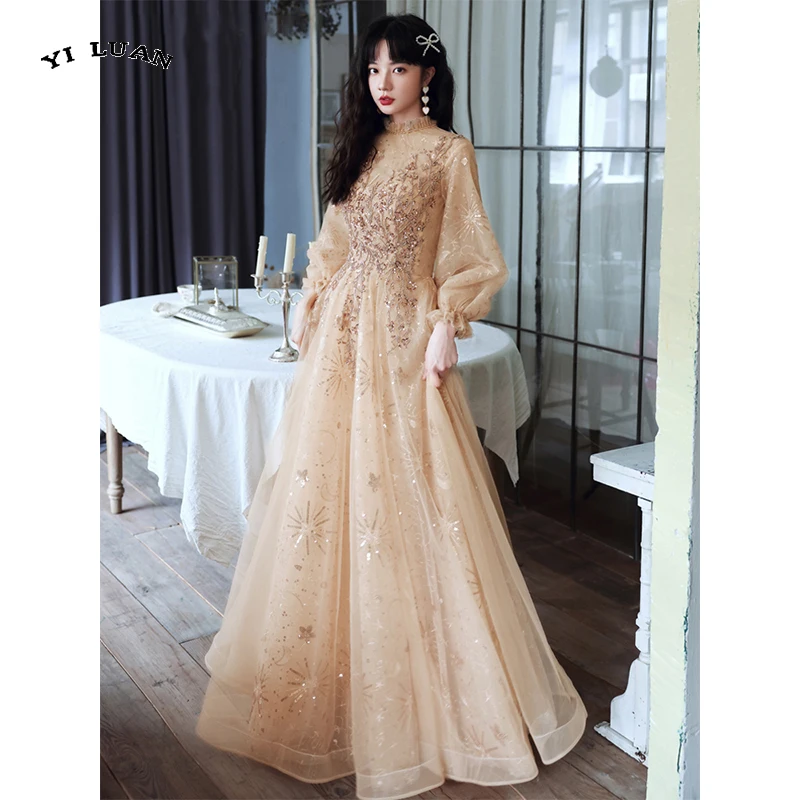 Купи Champagne Simple High Neck Long Sleeve Evening Dress Luxury Bead Applique Sequin Tulle Women's Evening Dress 2023 за 4,357 рублей в магазине AliExpress