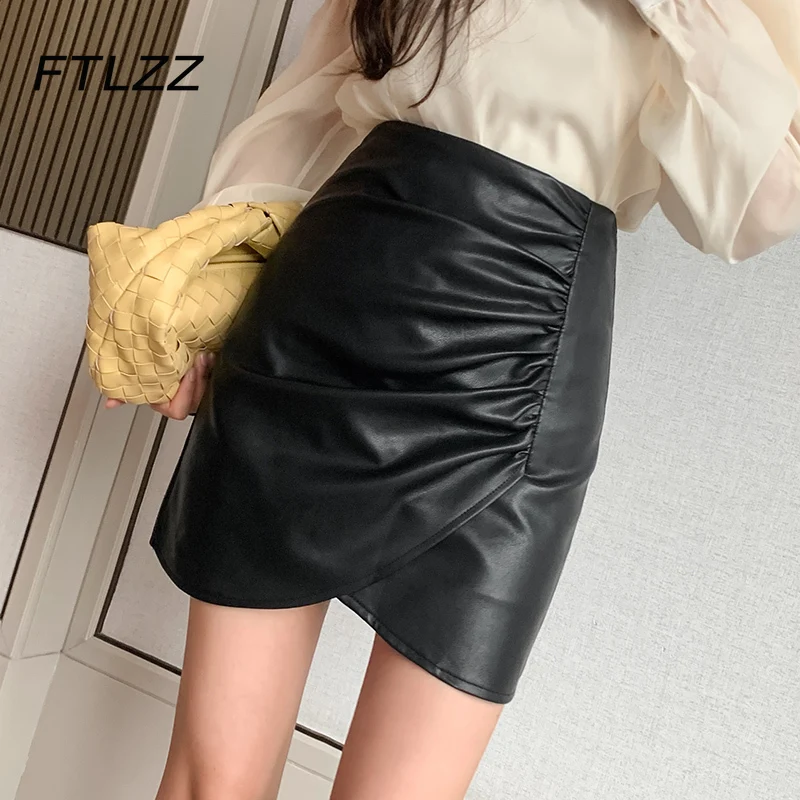 

High Waisted Faux Leather Skirts Women Fashion Folds Irregular Hem PU Wrap Skirt
