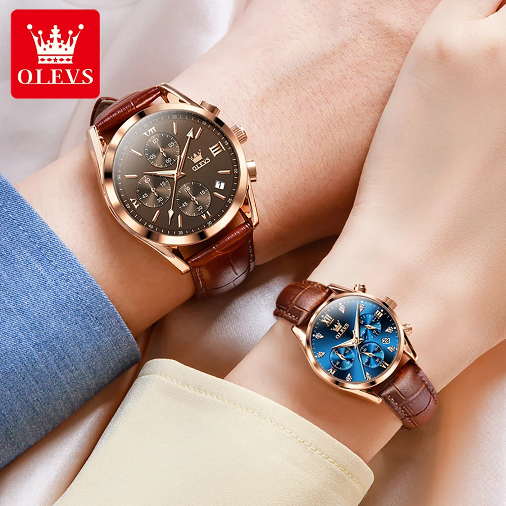 OLEVS Couple Watch for Men Women Waterproof Quartz Wristwatch Men Women Leather Strap Chronograph Design Lover's Watch Gifts