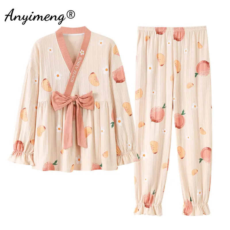 

New Fashion Fruits Printed Knitted Cotton Women Sleepwear Autumn Winter Loose Size Kawaii Kimono Pajamas Young Girl Pijamas