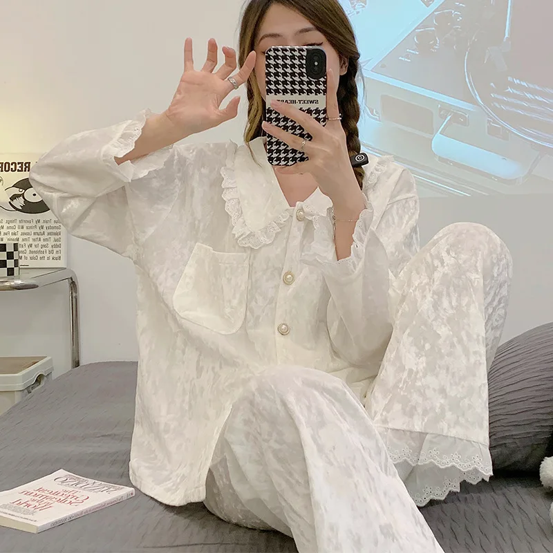 Милый белый кружевной бархатный пижамный комплект осень-зима женская пижама