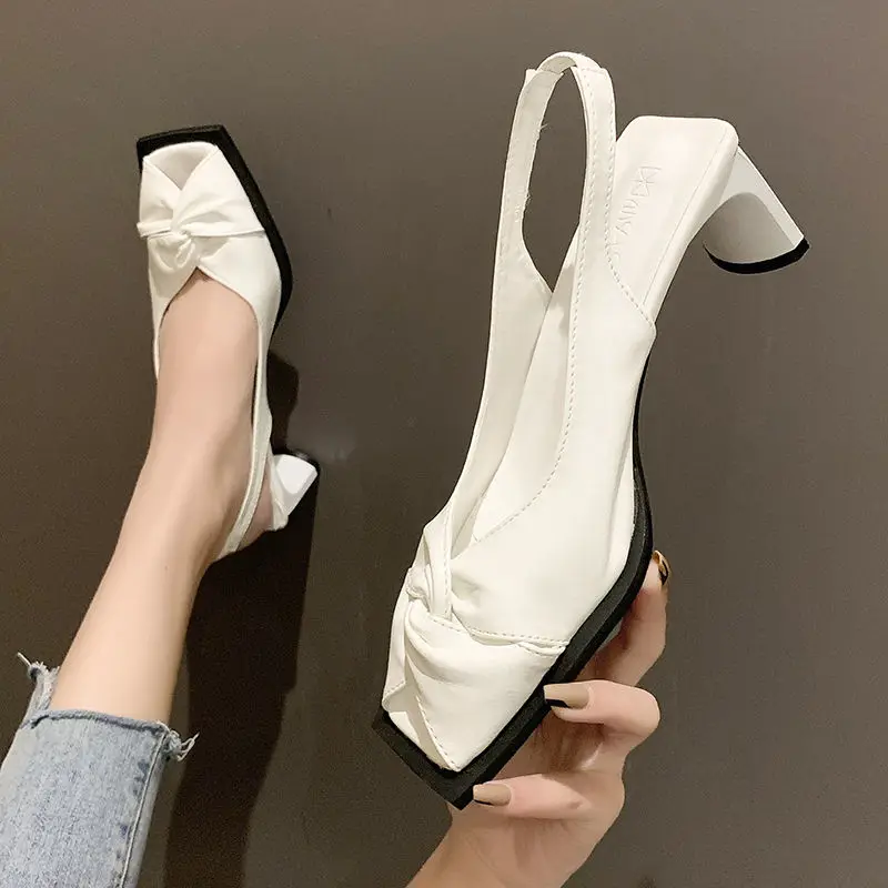 

FHANCHU 22 New Square High Heeled Sandals Woman,Fashion Summer Shoes,Peep Toe,Retro Bowtie,Back Ankle Strap,Black,White,Dropship