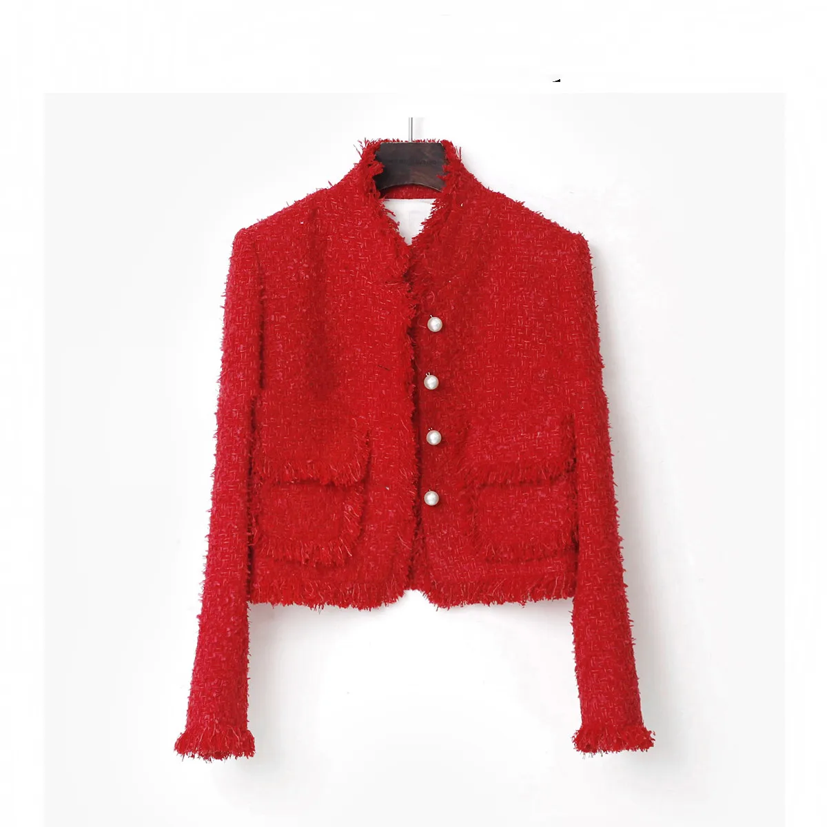 

Spring New Designer Women's High Quality Red Color Stand Collar Tweed Coat B900