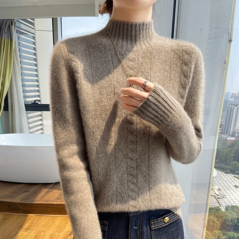 Женский вязаный свитер из 100% чистой шерсти с полувысоким воротником