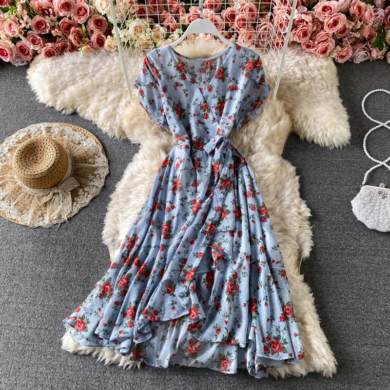 

Summer Women Floral Printed Chiffon Dress Vintage Short Sleeve Irregular Ruffle Casual Vestidos Female Elegant Fashion Robe 2022