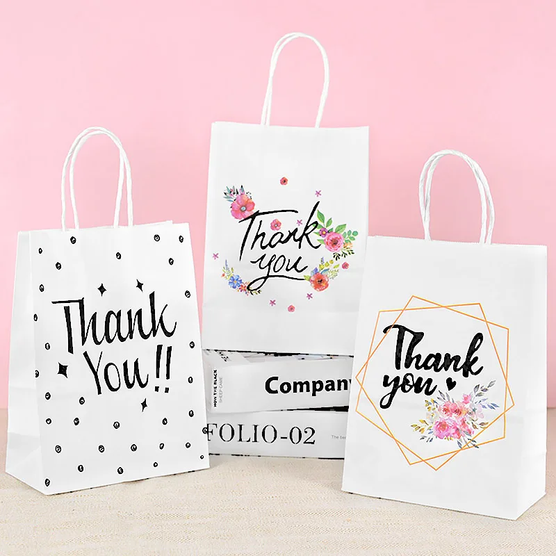 

10pcs White Print "Thank You" Gift Bag Portable Candy Flower With Handles Paper Bag Thanksgiving Wedding Birthday Party Supplies