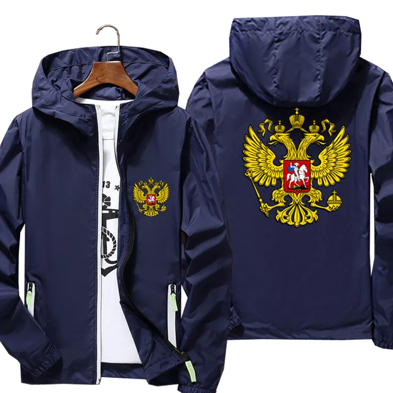 

Spring Mens Bomber Hooded Coat Of Arms Of Russia Eagle Russian Emblem Gold Sports Pilot Thin Windbreaker Sunscreen Jacket 7XL